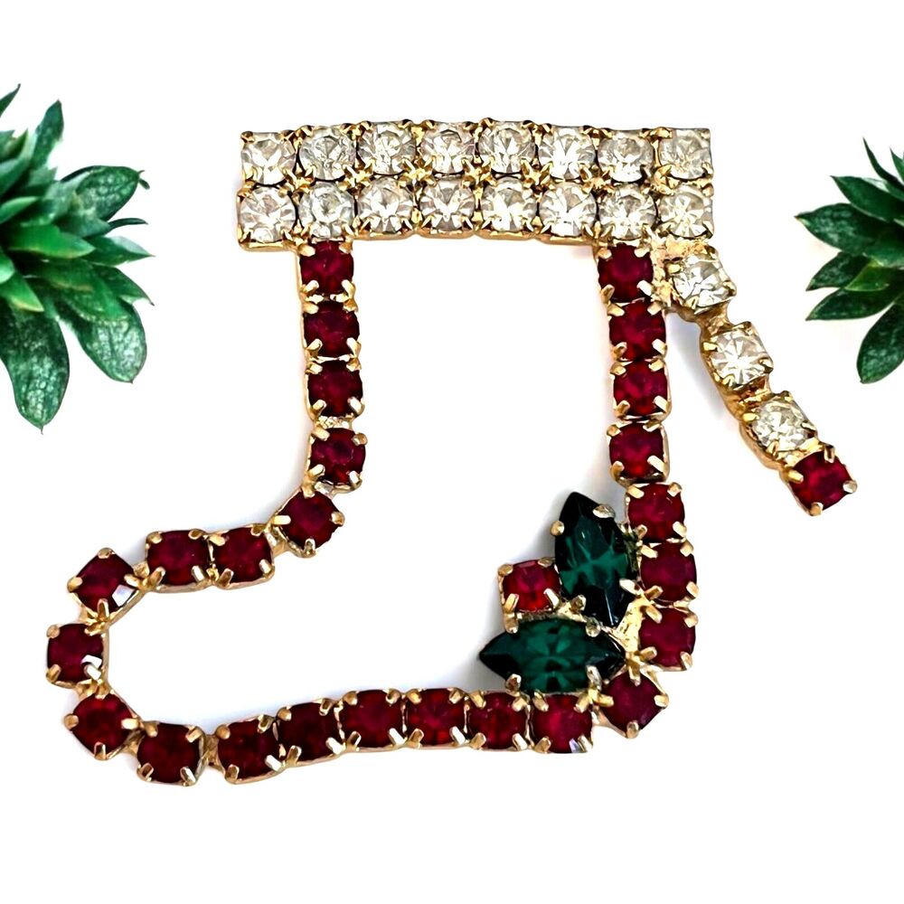 Vintage 1980s Christmas Stocking Brooch Rhinestone Gold Tone - 11U